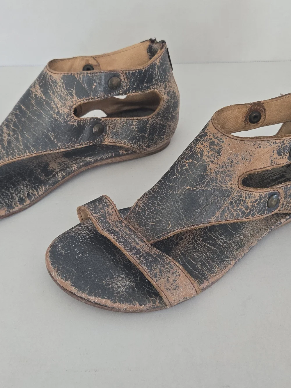 BED|STU Distressed Two-Tone Black & Tan Leather Cutout Sandals